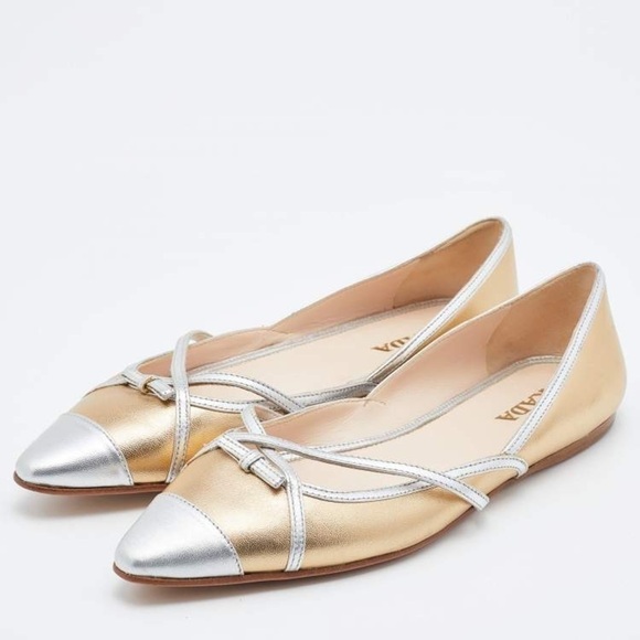 Prada Gold/Silver Leather Toe Pointed Toe Ballet Flats Size 6 - Picture 1 of 14
